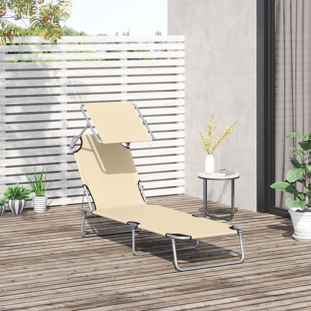 image-Outsunny Folding Chair Sun Lounger w/ Sunshade Garden Recliner Hammock Beige
