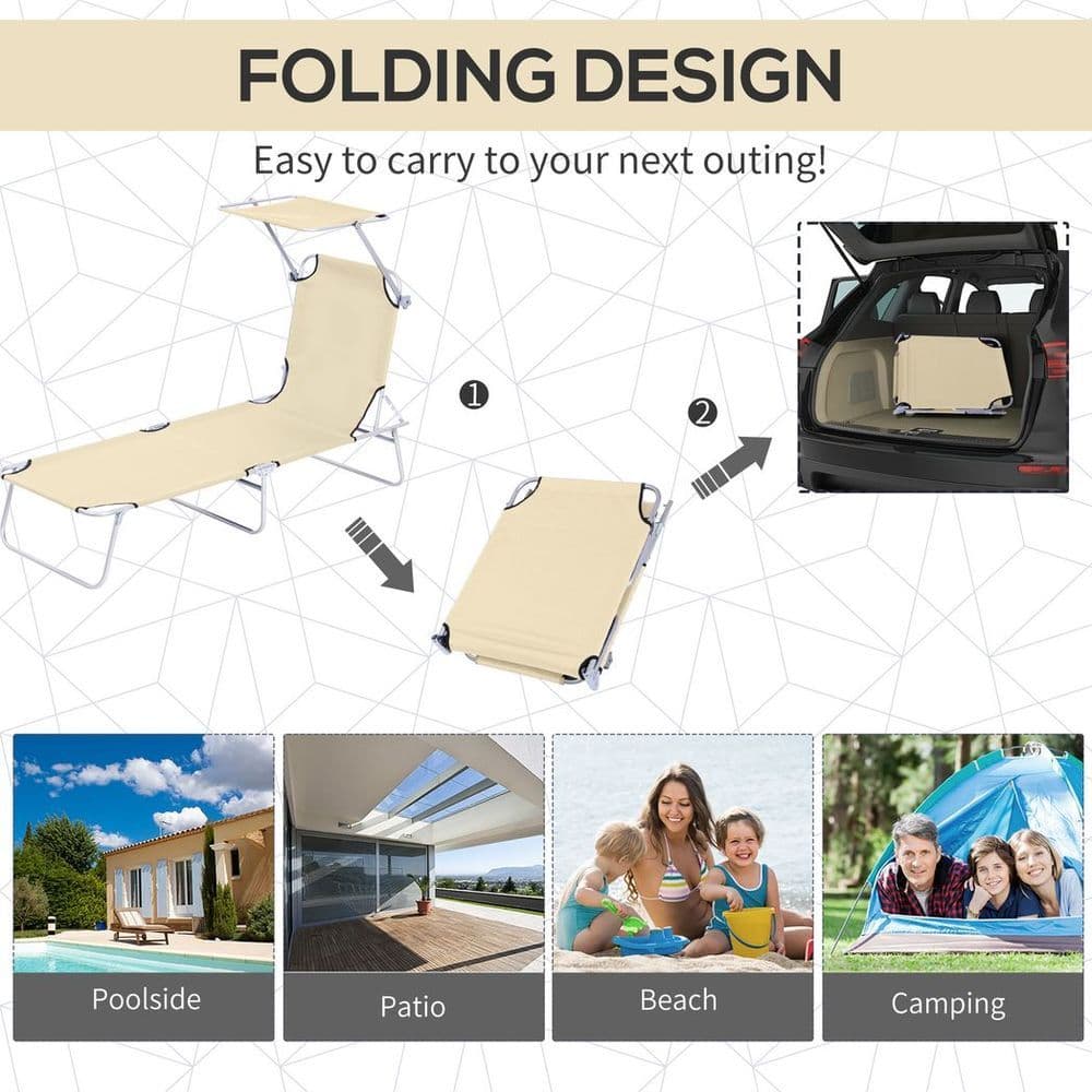 image-Outsunny Folding Chair Sun Lounger w/ Sunshade Garden Recliner Hammock Beige