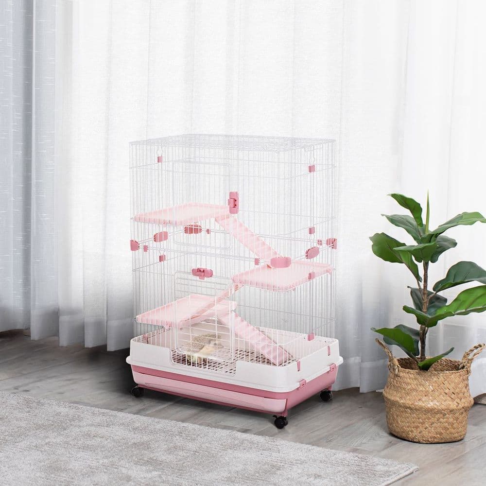 image-PawHut Four-Level Small Animal Cage, Indoor Pet House, Pink, 81 x 52.5 x 114 cm