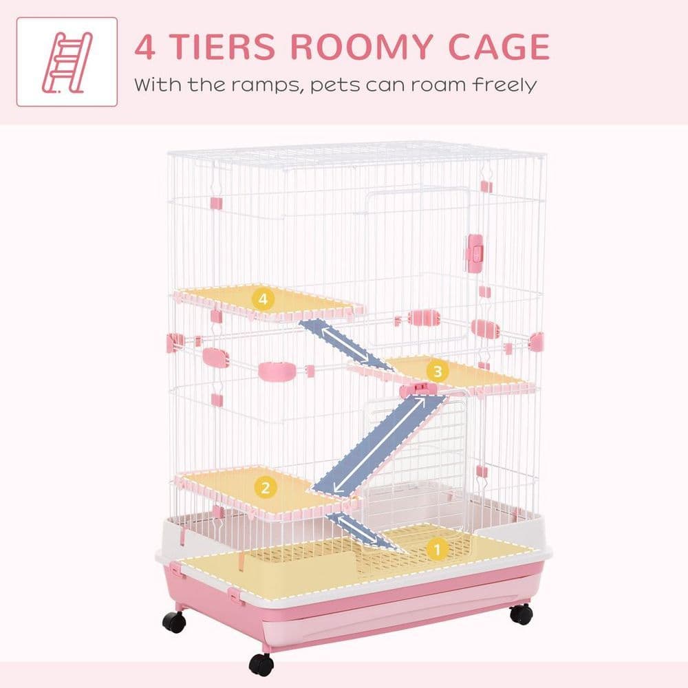 image-PawHut Four-Level Small Animal Cage, Indoor Pet House, Pink, 81 x 52.5 x 114 cm