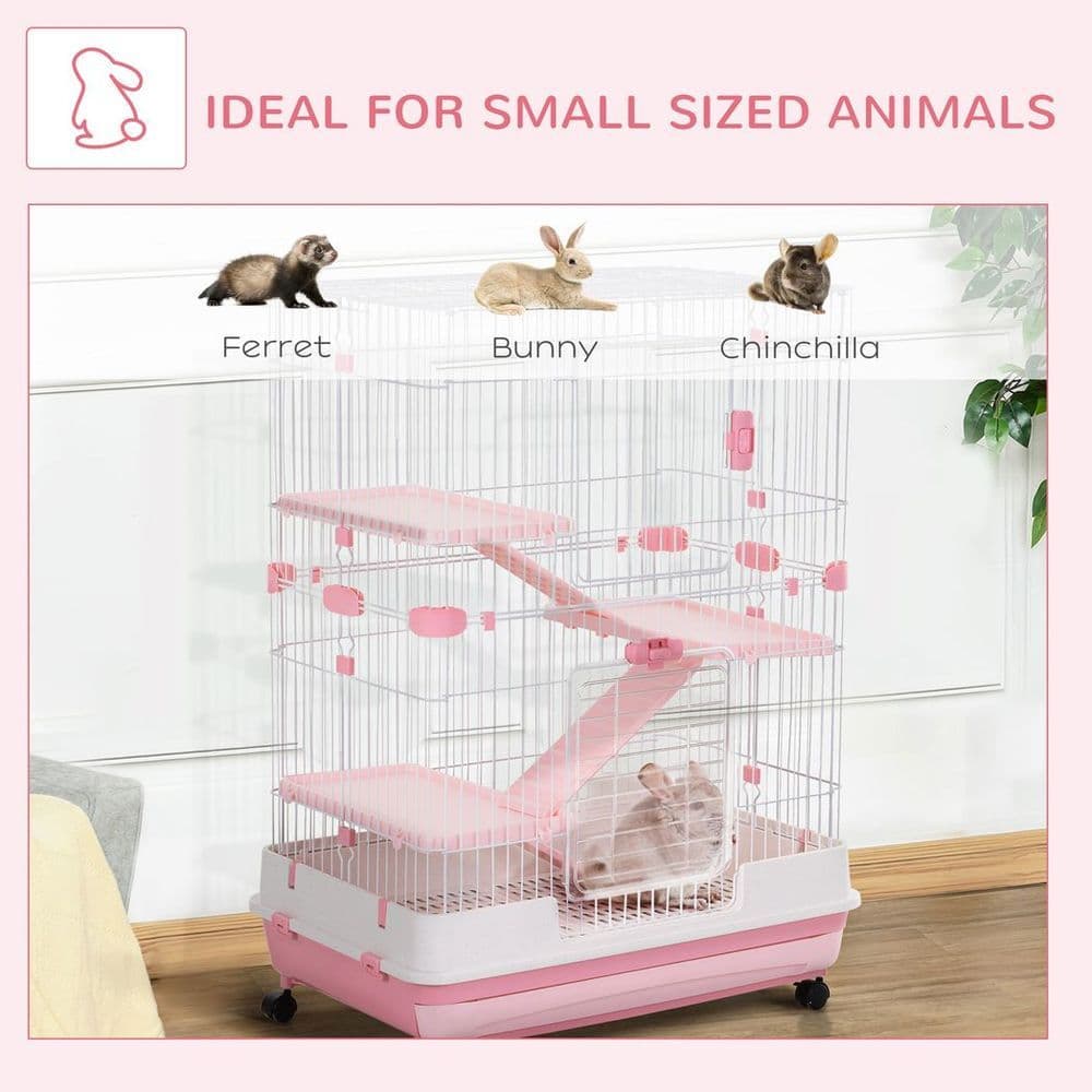 image-PawHut Four-Level Small Animal Cage, Indoor Pet House, Pink, 81 x 52.5 x 114 cm