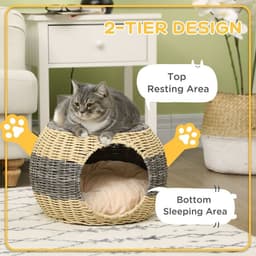 image-PawHut Wicker Cat House, Rattan Raised Cat Bed w/ Soft Cushion, 40 x 30cm