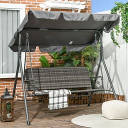 image-Outsunny 3-person Rattan Swing Chair, Hanging Bench w/ Stand, Adjustable Canopy