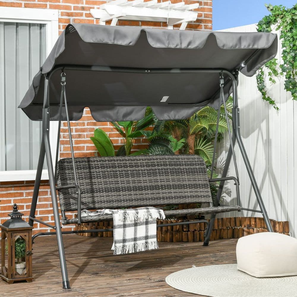 image-Outsunny 3-person Rattan Swing Chair, Hanging Bench w/ Stand, Adjustable Canopy