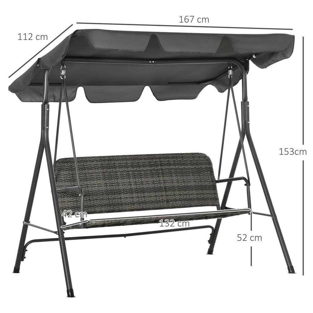 image-Outsunny 3-person Rattan Swing Chair, Hanging Bench w/ Stand, Adjustable Canopy
