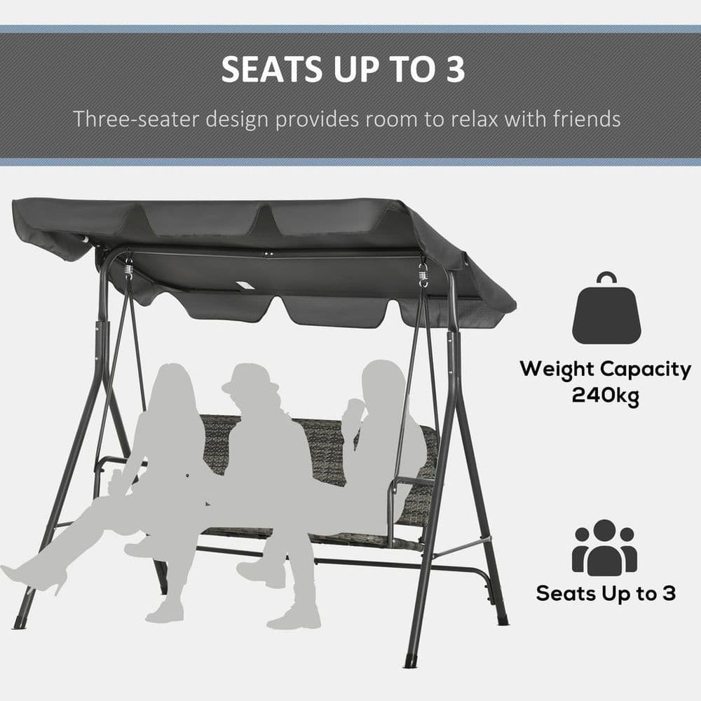 image-Outsunny 3-person Rattan Swing Chair, Hanging Bench w/ Stand, Adjustable Canopy