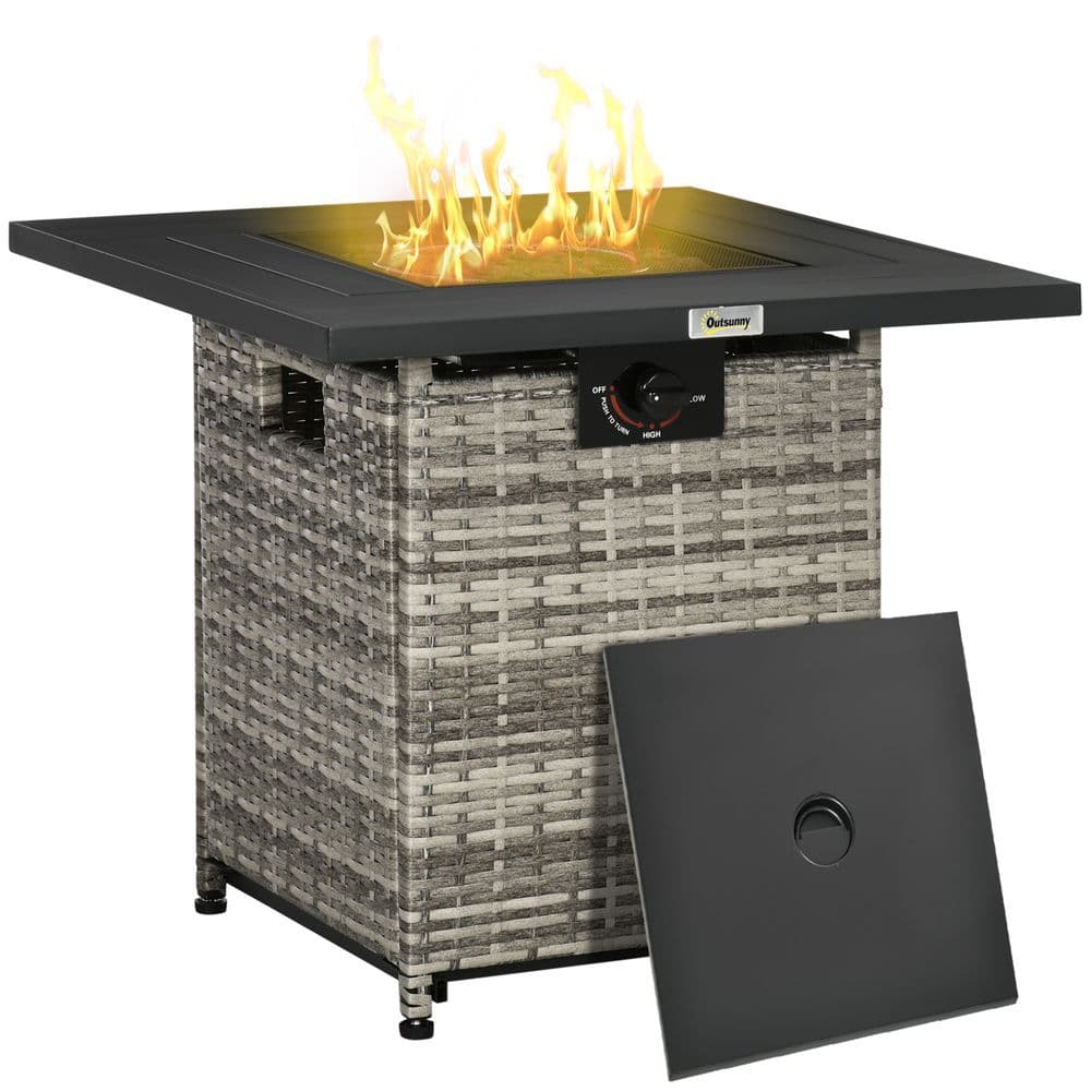 image-Outsunny Gas Fire Pit Table w/ Rain Cover, Mesh Lid & Lava Stone, 40,000 BTU