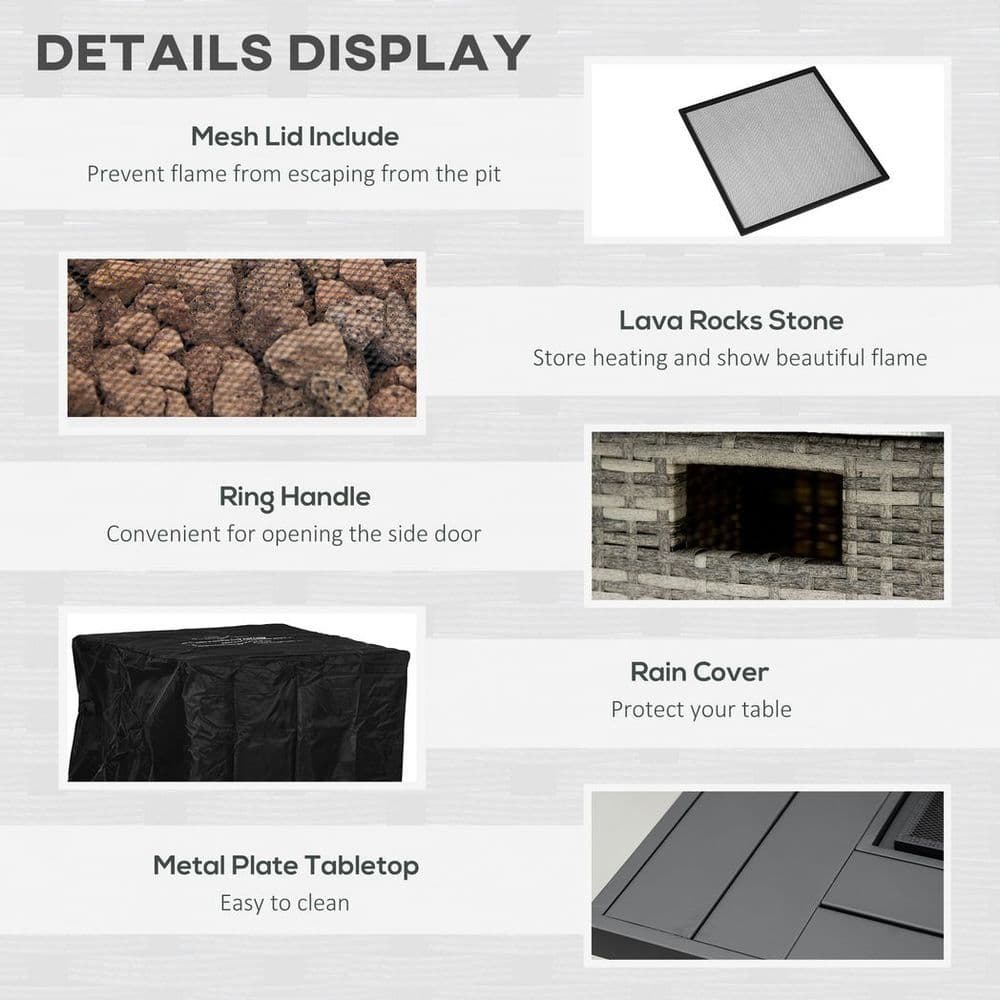 image-Outsunny Gas Fire Pit Table w/ Rain Cover, Mesh Lid & Lava Stone, 40,000 BTU