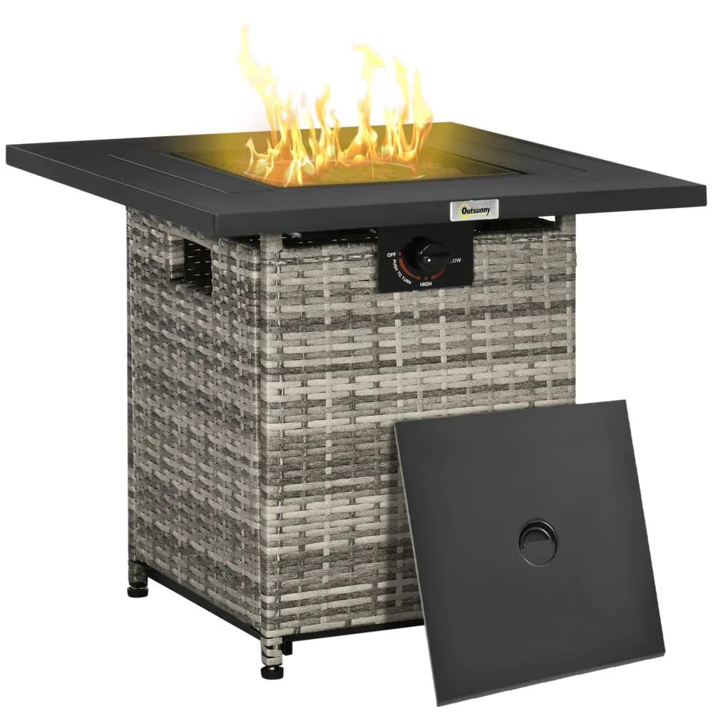 image-Outsunny Gas Fire Pit Table w/ Rain Cover, Mesh Lid & Lava Stone, 40,000 BTU