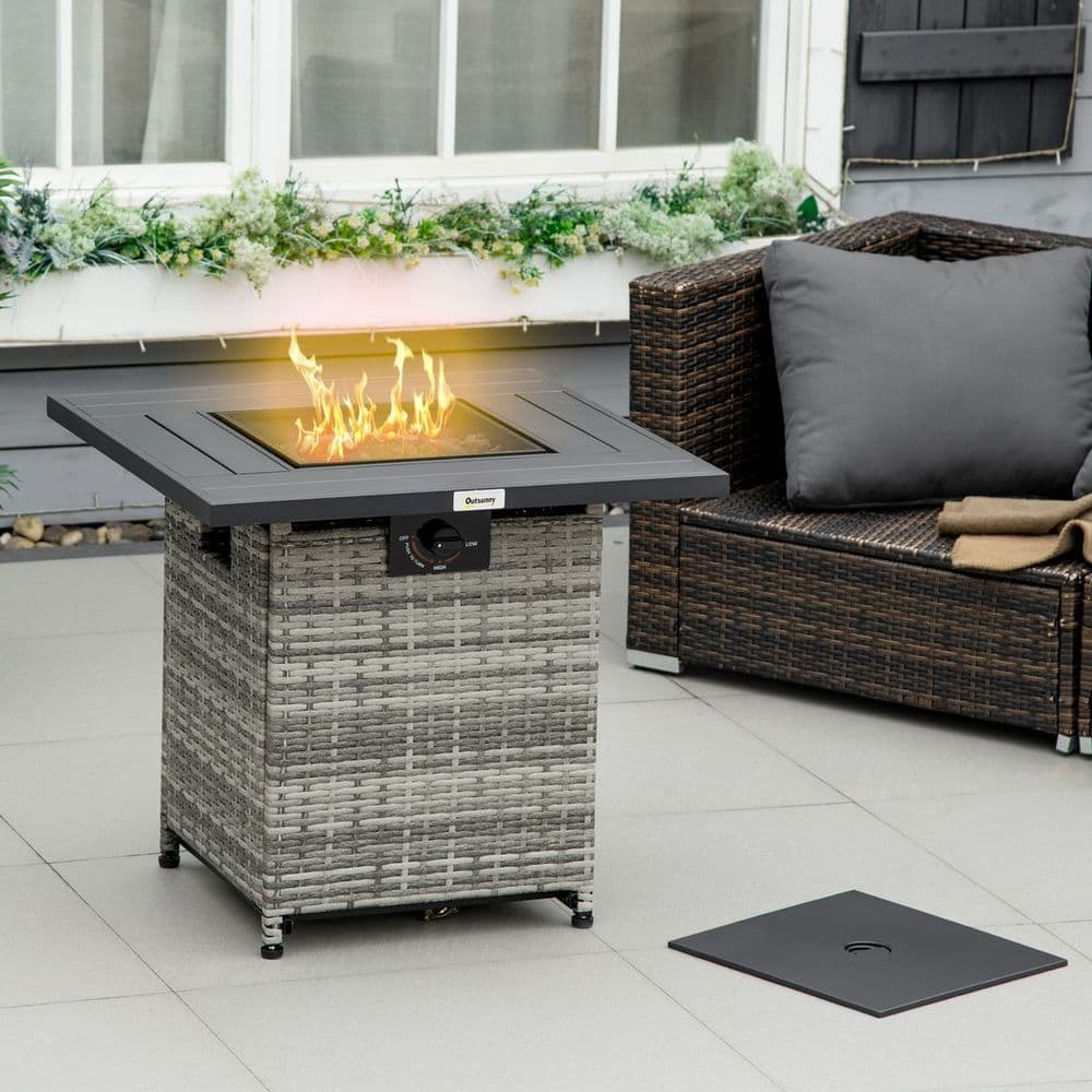 image-Outsunny Gas Fire Pit Table w/ Rain Cover, Mesh Lid & Lava Stone, 40,000 BTU