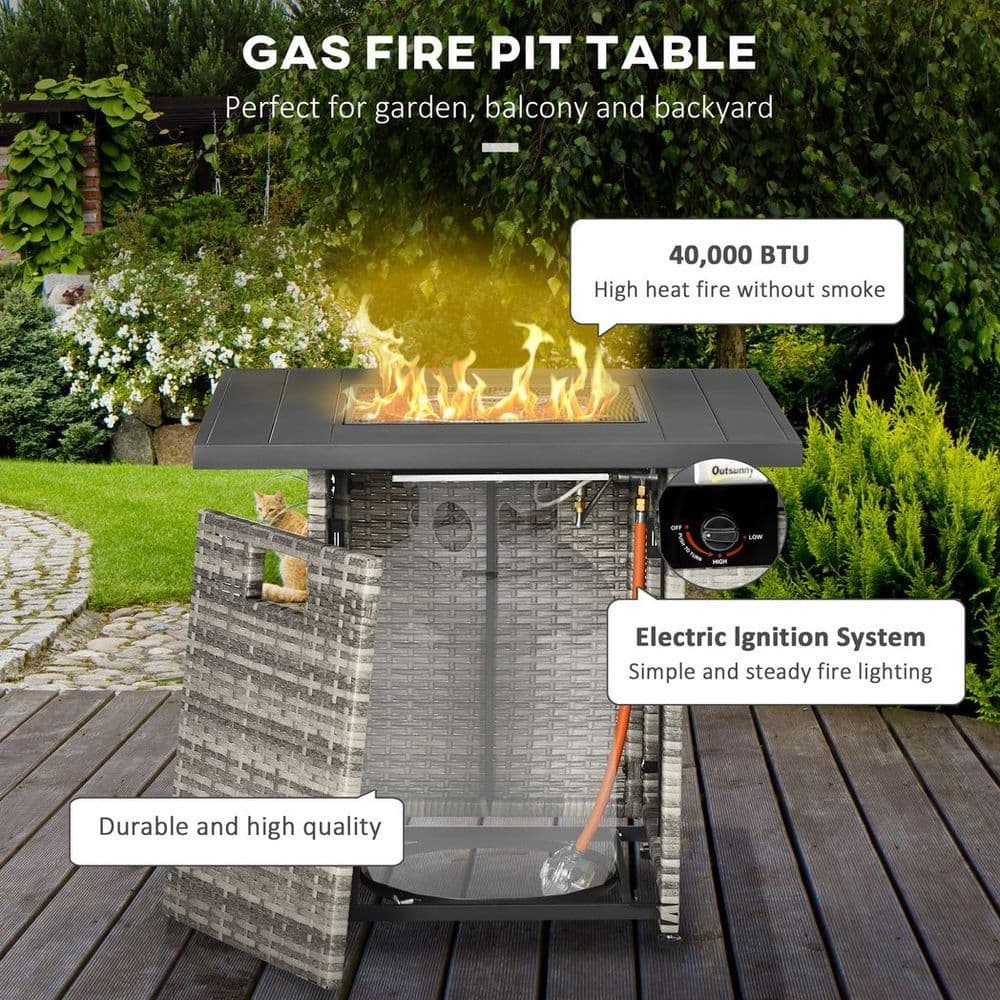 image-Outsunny Gas Fire Pit Table w/ Rain Cover, Mesh Lid & Lava Stone, 40,000 BTU