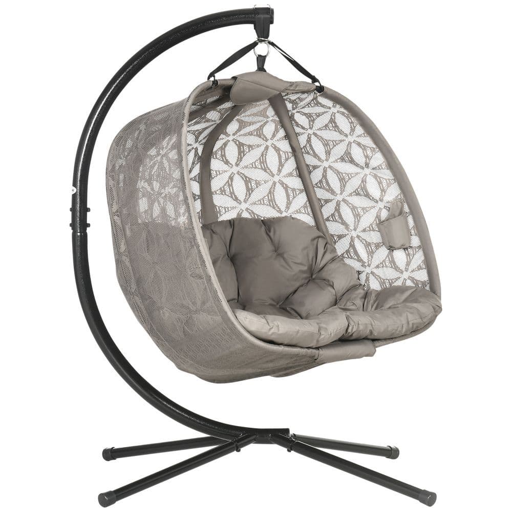 image-Outsunny Double Hanging Swing Chair w/ Stand & Cup Holders, Brown