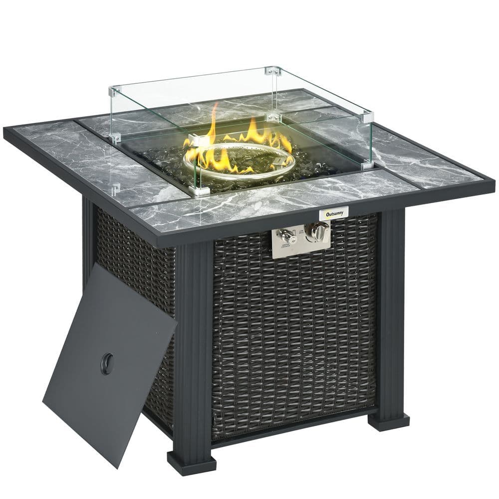 image-Outsunny Gas Fire Pit Table w/ Rain Cover, Windscreen & Glass Stone, 50,000 BTU