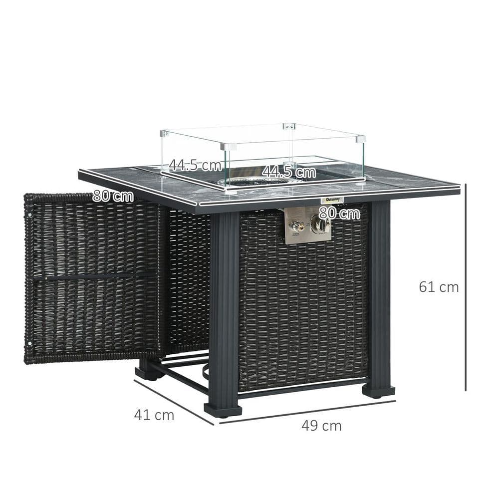 image-Outsunny Gas Fire Pit Table w/ Rain Cover, Windscreen & Glass Stone, 50,000 BTU