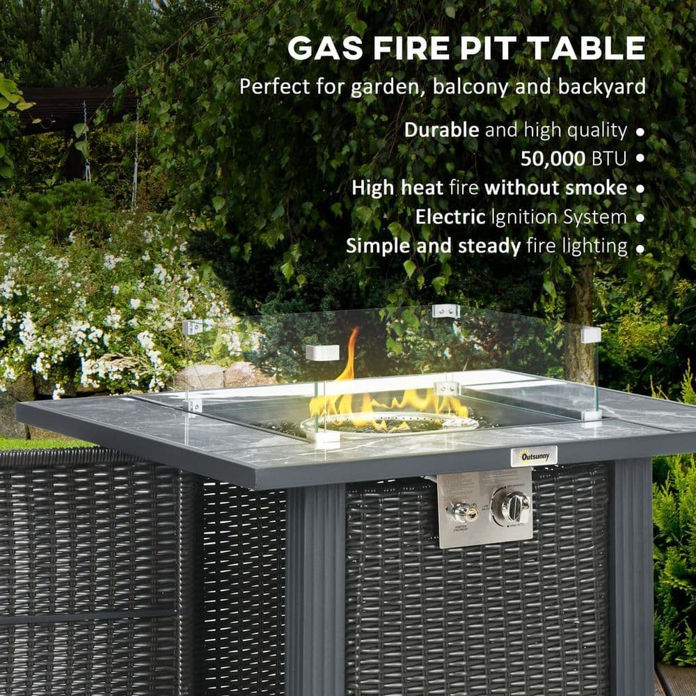 image-Outsunny Gas Fire Pit Table w/ Rain Cover, Windscreen & Glass Stone, 50,000 BTU