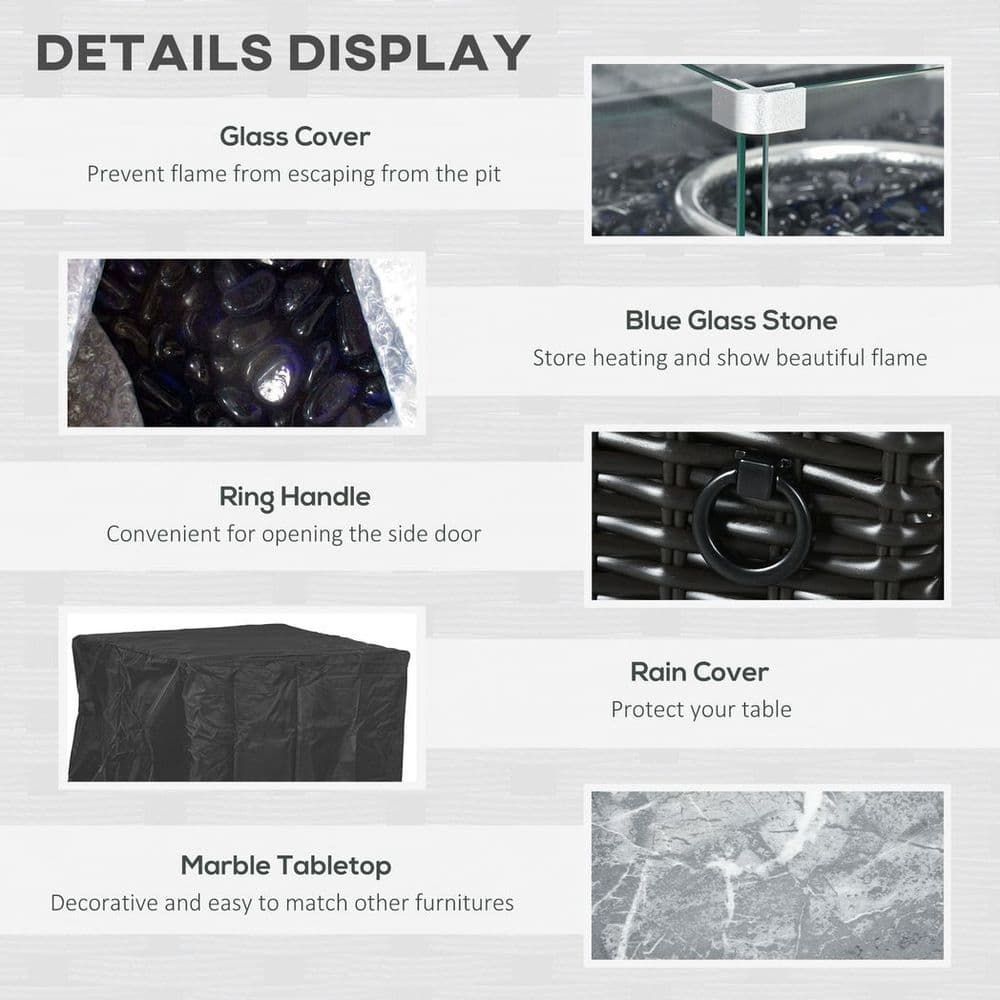 image-Outsunny Gas Fire Pit Table w/ Rain Cover, Windscreen & Glass Stone, 50,000 BTU