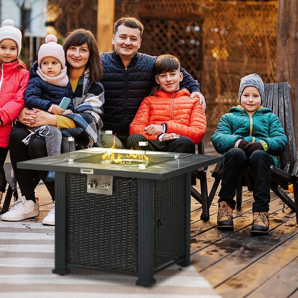 image-Outsunny Gas Fire Pit Table w/ Rain Cover, Windscreen & Glass Stone, 50,000 BTU