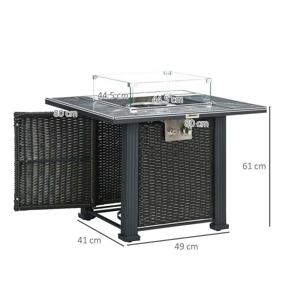 image-Outsunny Gas Fire Pit Table w/ Rain Cover, Windscreen & Glass Stone, 50,000 BTU