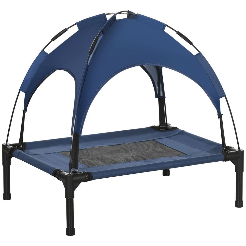 image-PawHut 61cm Elevated Dog Bed Cooling Raised Pet Cot UV Protection Canopy Blue