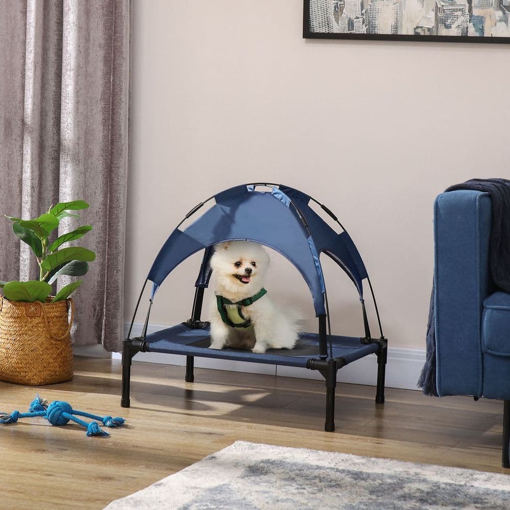 image-PawHut 61cm Elevated Dog Bed Cooling Raised Pet Cot UV Protection Canopy Blue