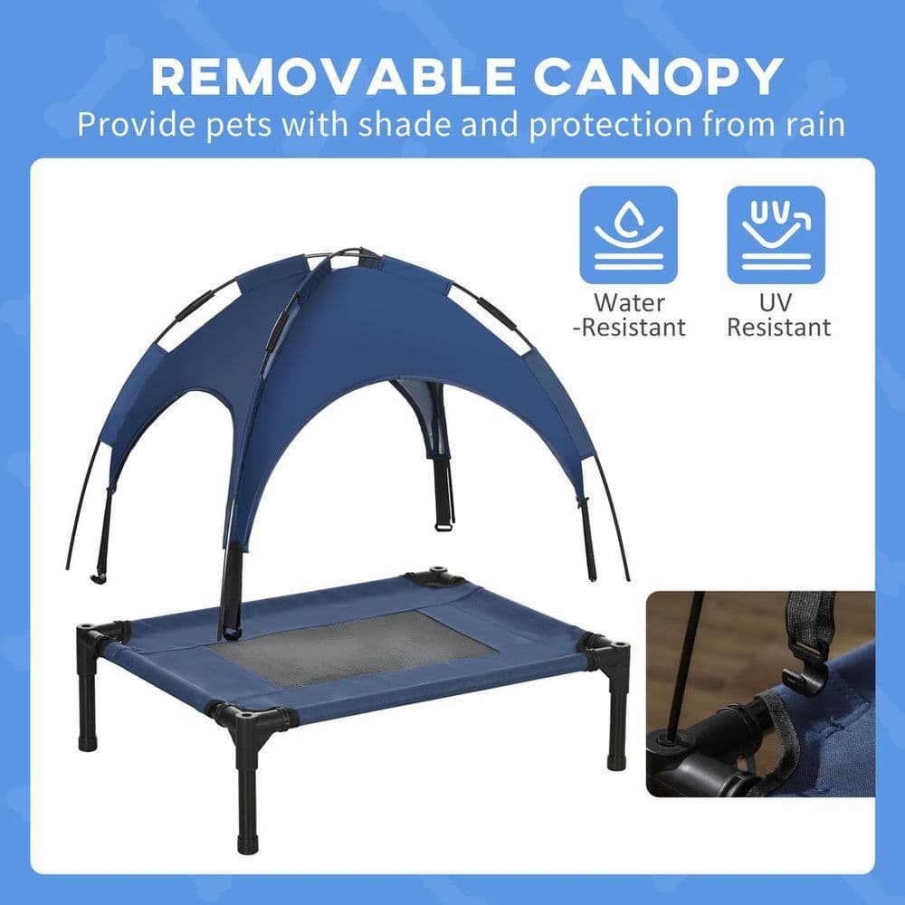 image-PawHut 61cm Elevated Dog Bed Cooling Raised Pet Cot UV Protection Canopy Blue