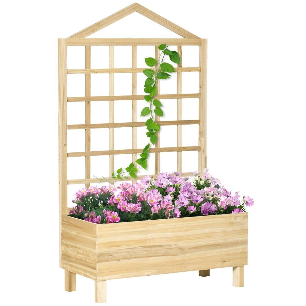 image-Outsunny Wooden Garden Planters with Trellis for Vine Climbing Plants, Natural