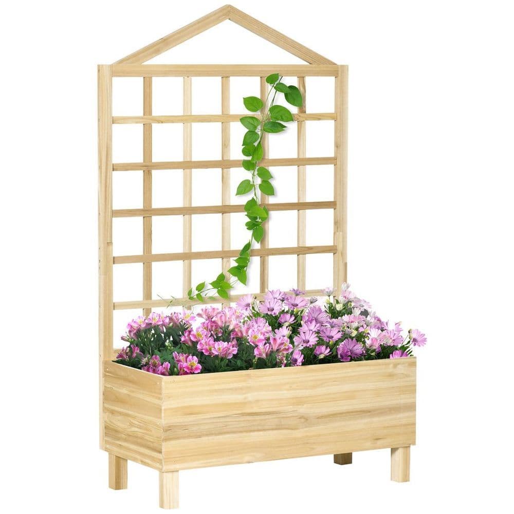 image-Outsunny Wooden Garden Planters with Trellis for Vine Climbing Plants, Natural