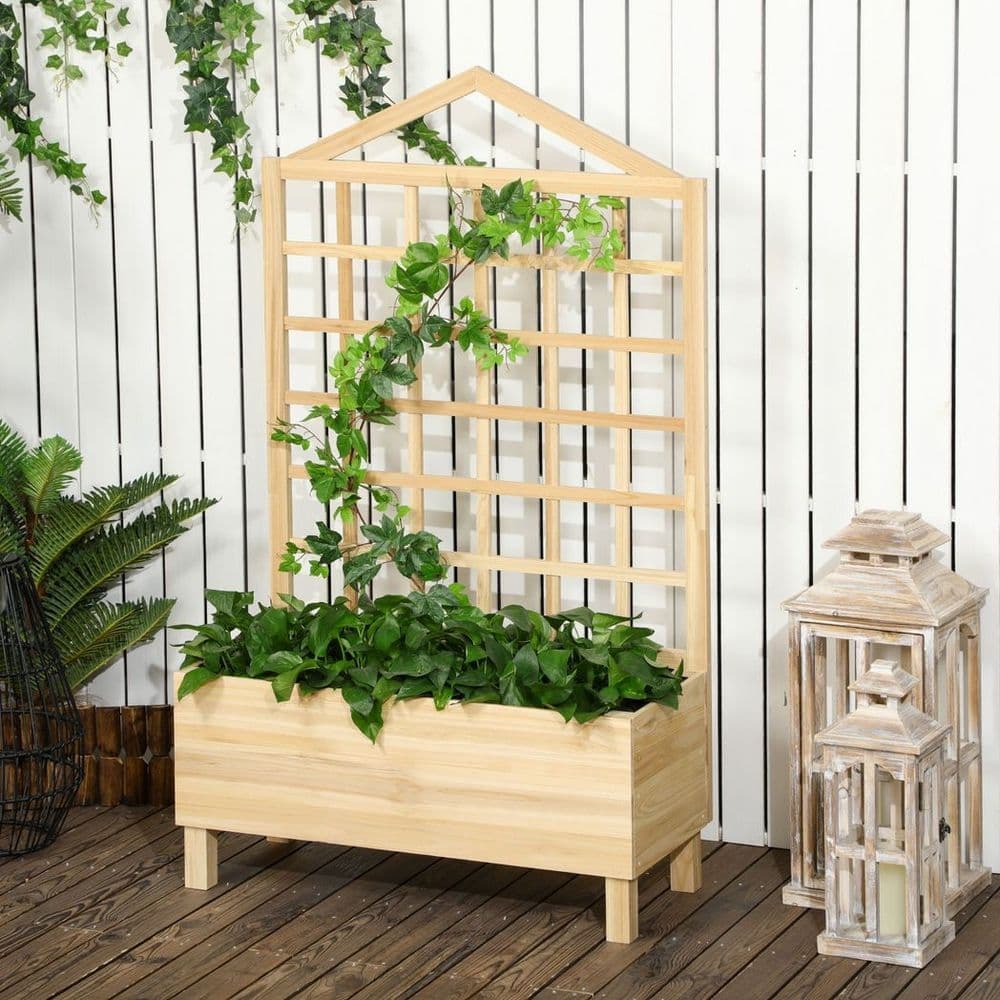 image-Outsunny Wooden Garden Planters with Trellis for Vine Climbing Plants, Natural
