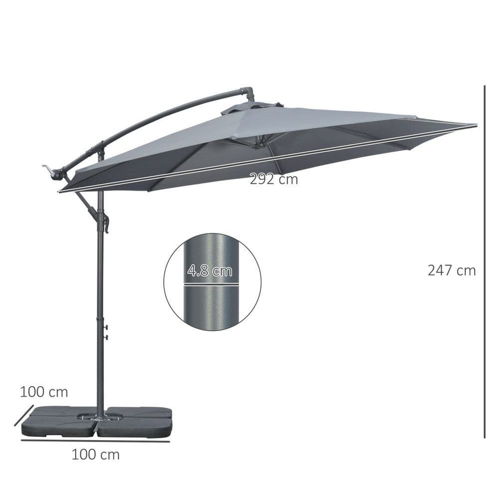 image-Outsunny 3(m) Banana Parasol Cantilever Umbrella Garden w/ Base Weights, Grey