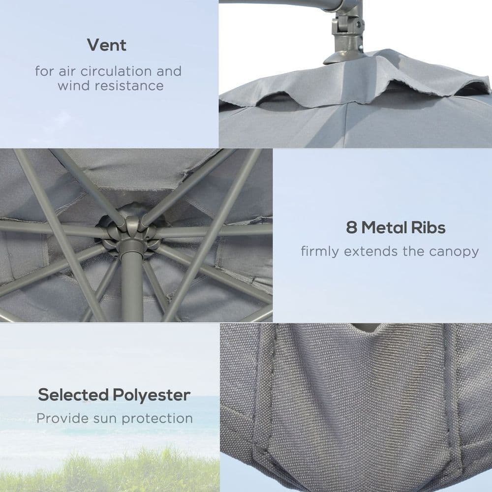 image-Outsunny 3(m) Banana Parasol Cantilever Umbrella Garden w/ Base Weights, Grey
