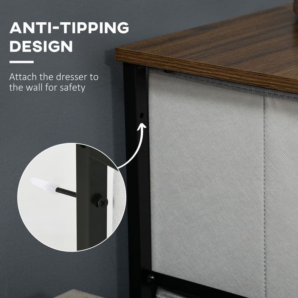 image-HOMCOM 5 Drawer Fabric Chest of Drawers w/ Wooden Top for Closet Hallway Grey