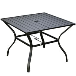 image-Outsunny Garden Table with Parasol Hole for Four, Slatted Metal Plate Top