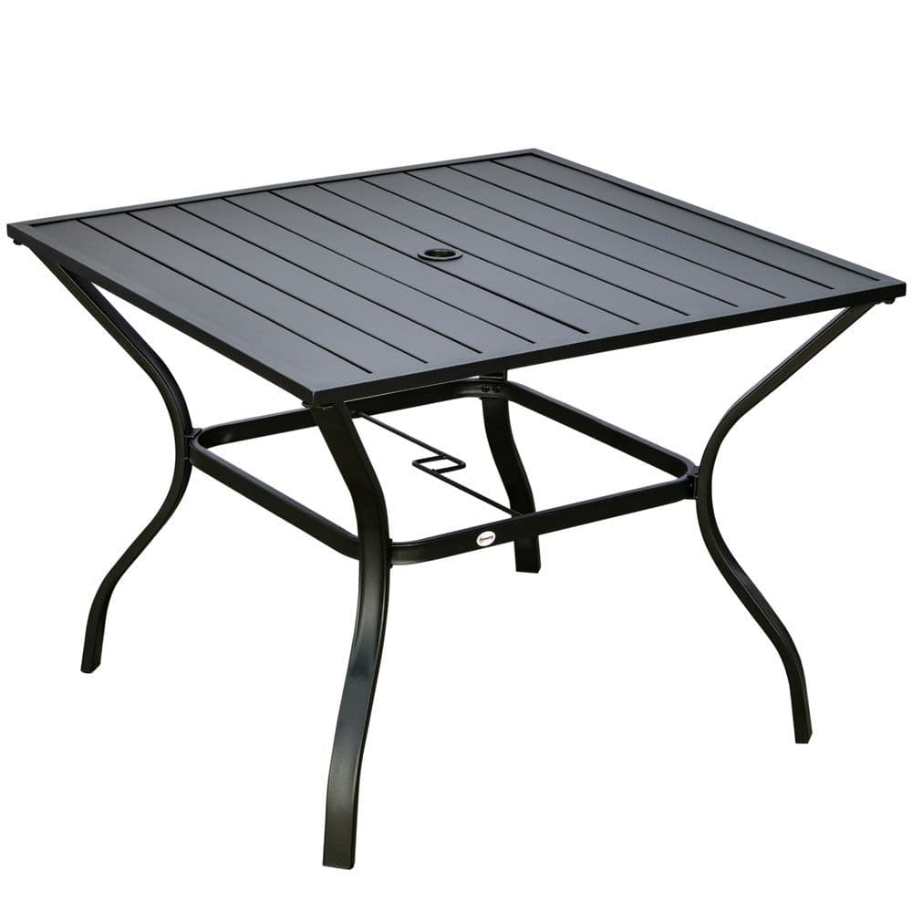 image-Outsunny Garden Table with Parasol Hole for Four, Slatted Metal Plate Top