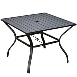 image-Outsunny Garden Table with Parasol Hole for Four, Slatted Metal Plate Top