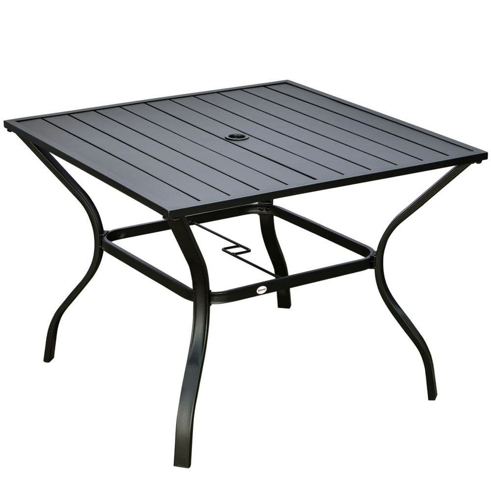 image-Outsunny Garden Table with Parasol Hole for Four, Slatted Metal Plate Top