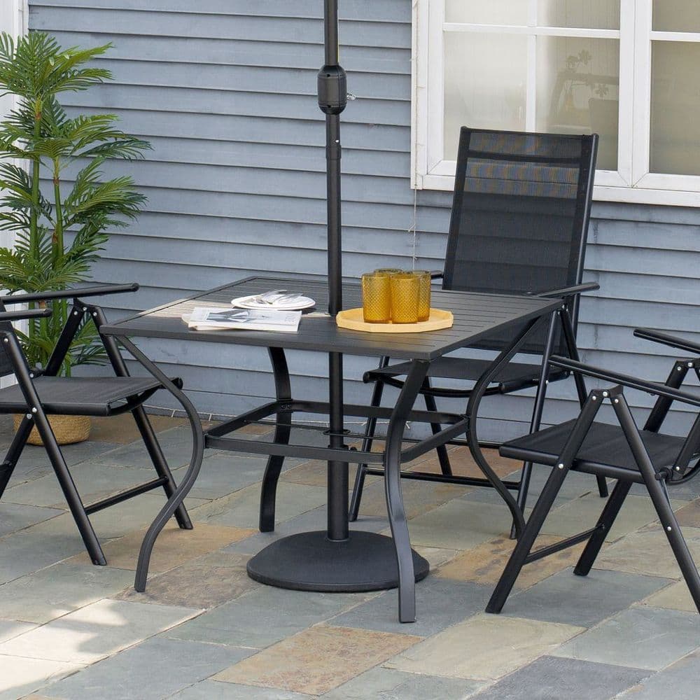 image-Outsunny Garden Table with Parasol Hole for Four, Slatted Metal Plate Top