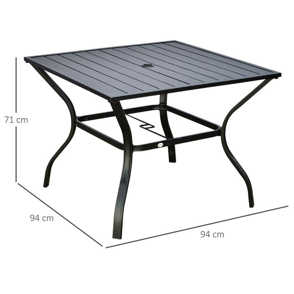 image-Outsunny Garden Table with Parasol Hole for Four, Slatted Metal Plate Top