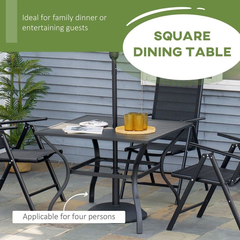 image-Outsunny Garden Table with Parasol Hole for Four, Slatted Metal Plate Top