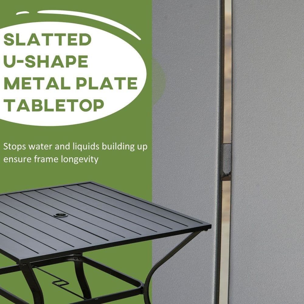 image-Outsunny Garden Table with Parasol Hole for Four, Slatted Metal Plate Top