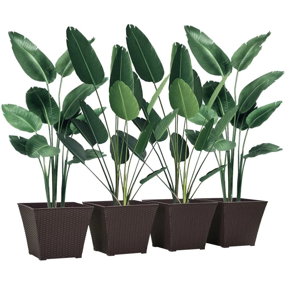 image-Outsunny 4-pack Plant Pots Rattan Effect, Flower Pot Stackable, Indoor/ Outdoor