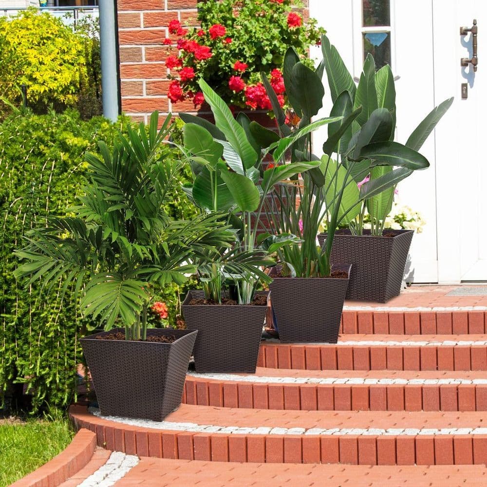 image-Outsunny 4-pack Plant Pots Rattan Effect, Flower Pot Stackable, Indoor/ Outdoor