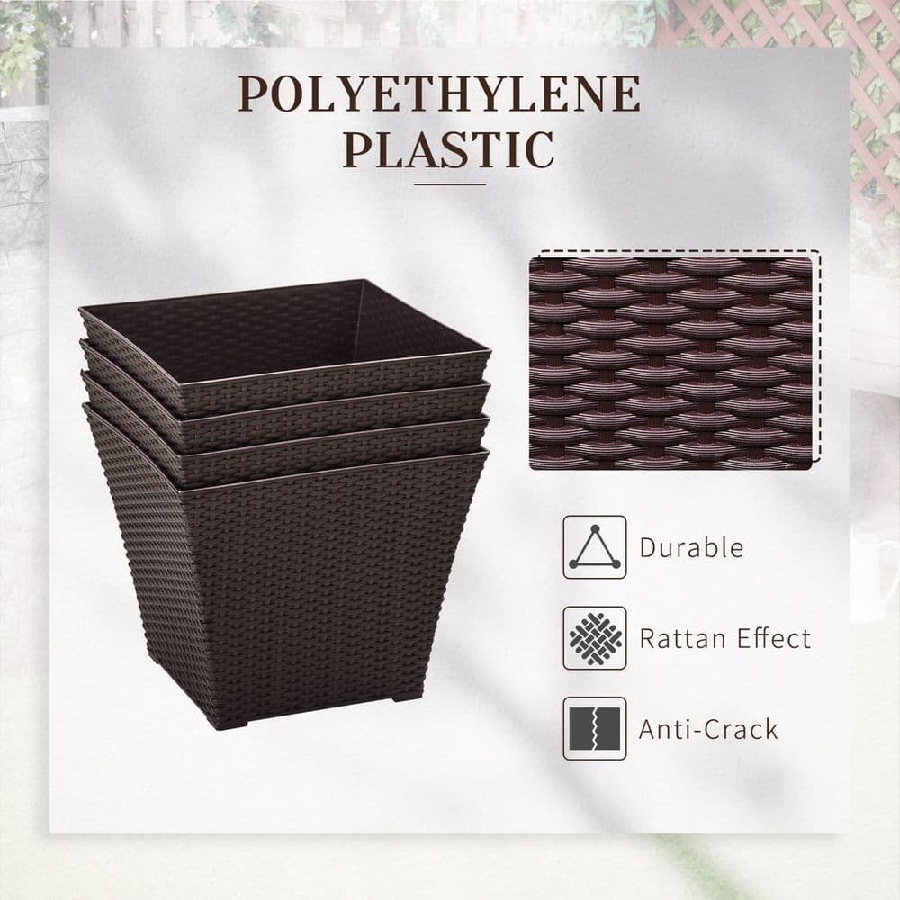 image-Outsunny 4-pack Plant Pots Rattan Effect, Flower Pot Stackable, Indoor/ Outdoor
