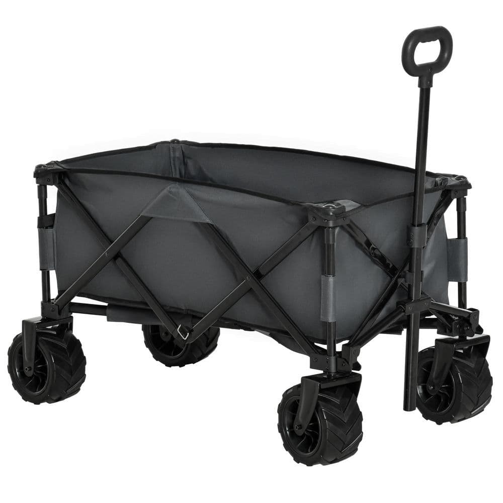 image-Outsunny Outdoor Cart Folding Cargo Wagon Trailer Beach w/ Handle Dark Grey