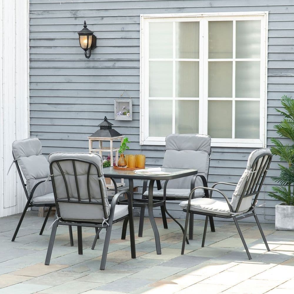 image-Outsunny Garden Dining Set, Glass Table w/ Umbrella Hole & Texteline Seats