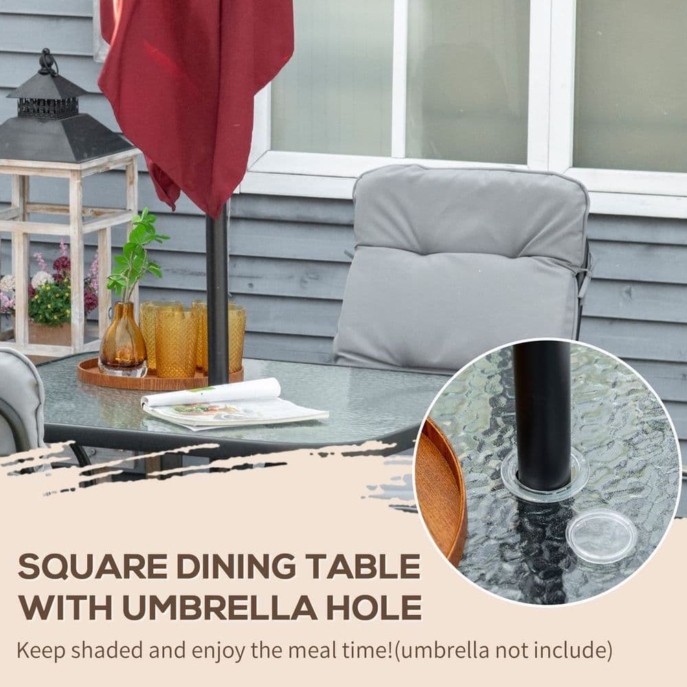 image-Outsunny Garden Dining Set, Glass Table w/ Umbrella Hole & Texteline Seats