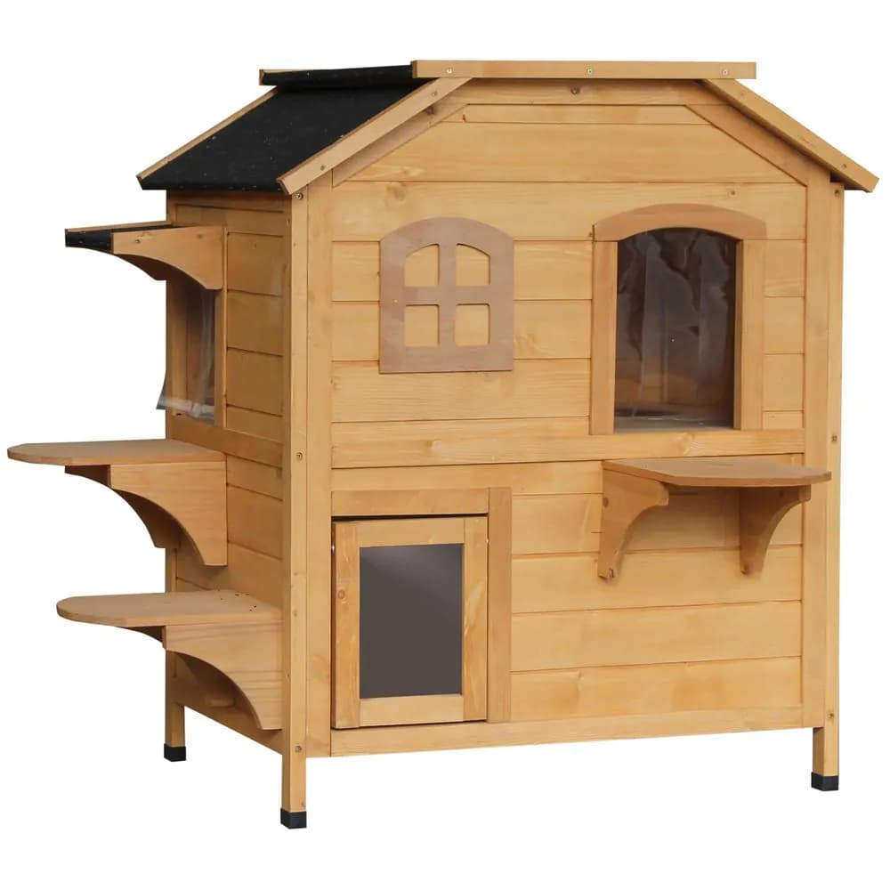image-Wooden Cat House Cat Cave Pet Shelter Condos Outdoor Natural Wood Finish