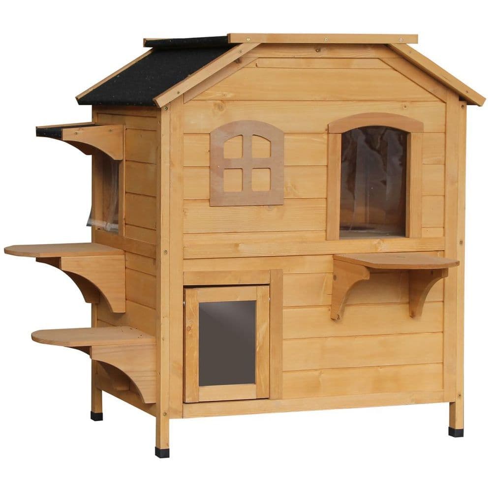 image-Wooden Cat House Cat Cave Pet Shelter Condos Outdoor Natural Wood Finish