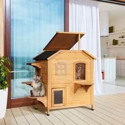 image-Wooden Cat House Cat Cave Pet Shelter Condos Outdoor Natural Wood Finish