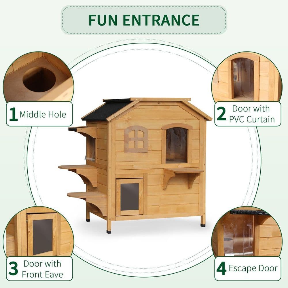 image-Wooden Cat House Cat Cave Pet Shelter Condos Outdoor Natural Wood Finish