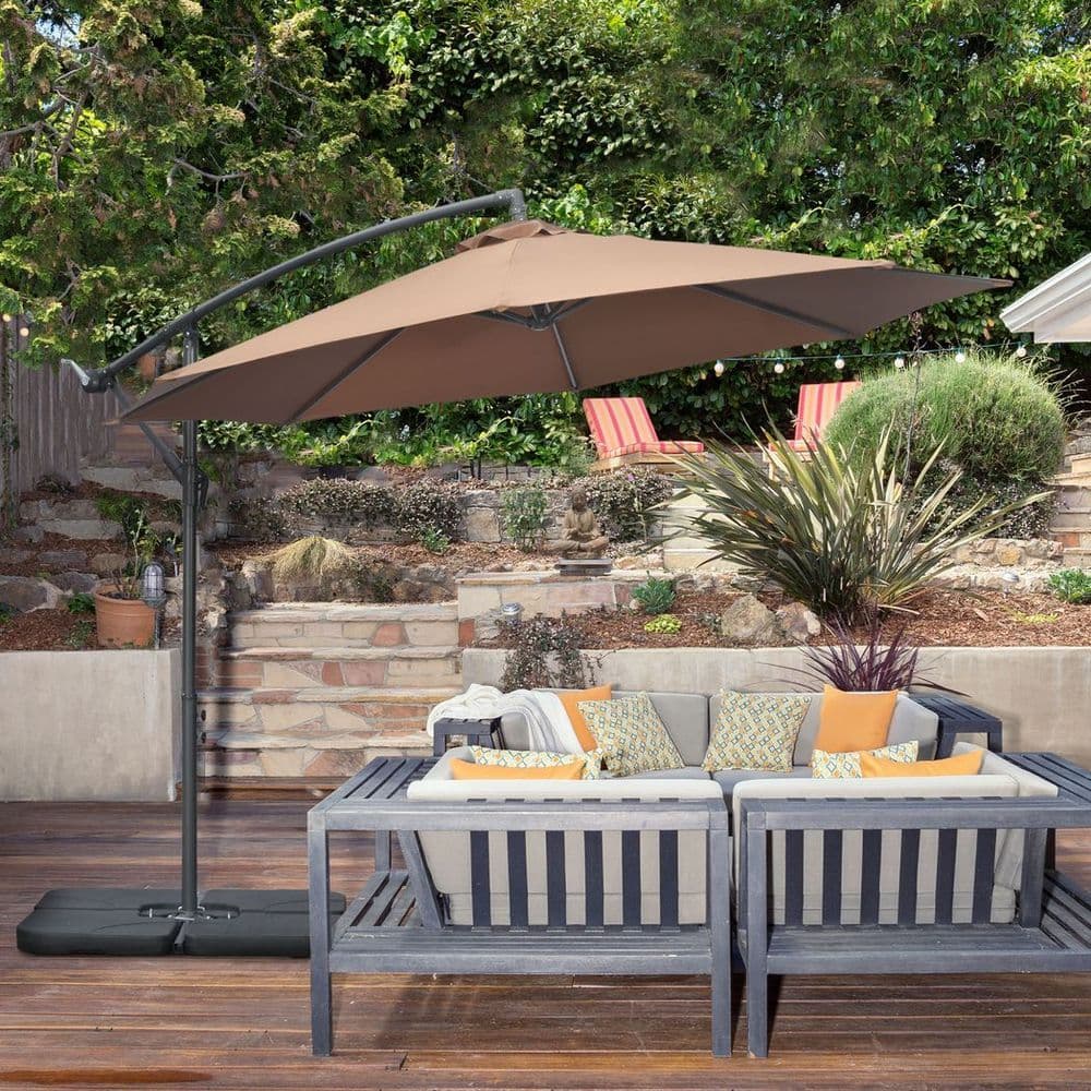 image-Outsunny 3(m) Banana Parasol Cantilever Umbrella Garden w/ Base Weights, Coffee
